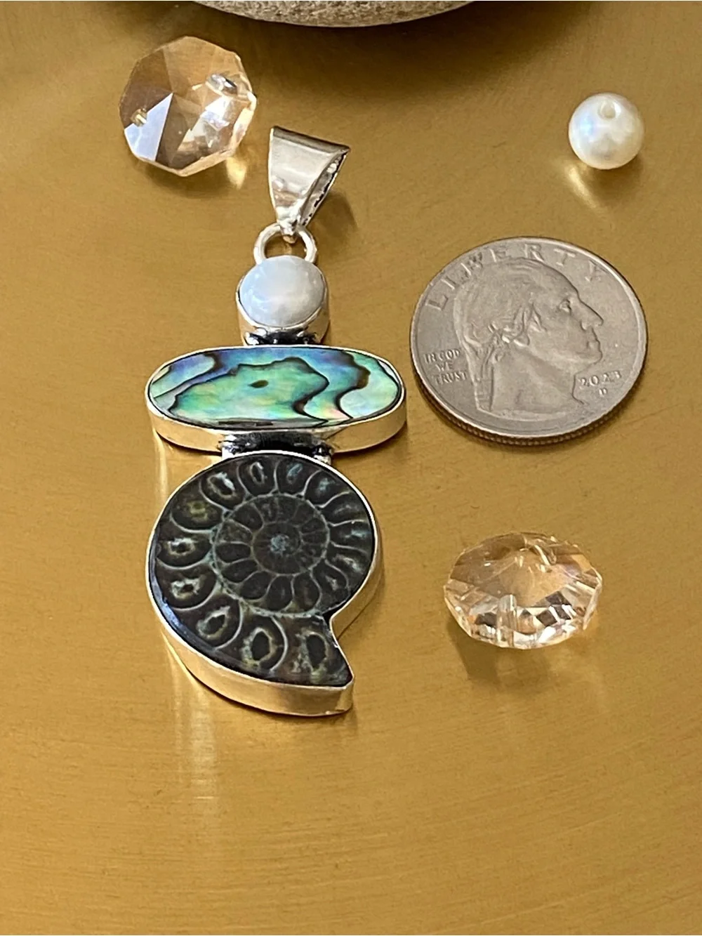 Ammonite Fossil, Abalone Shell And Pearl Pendant